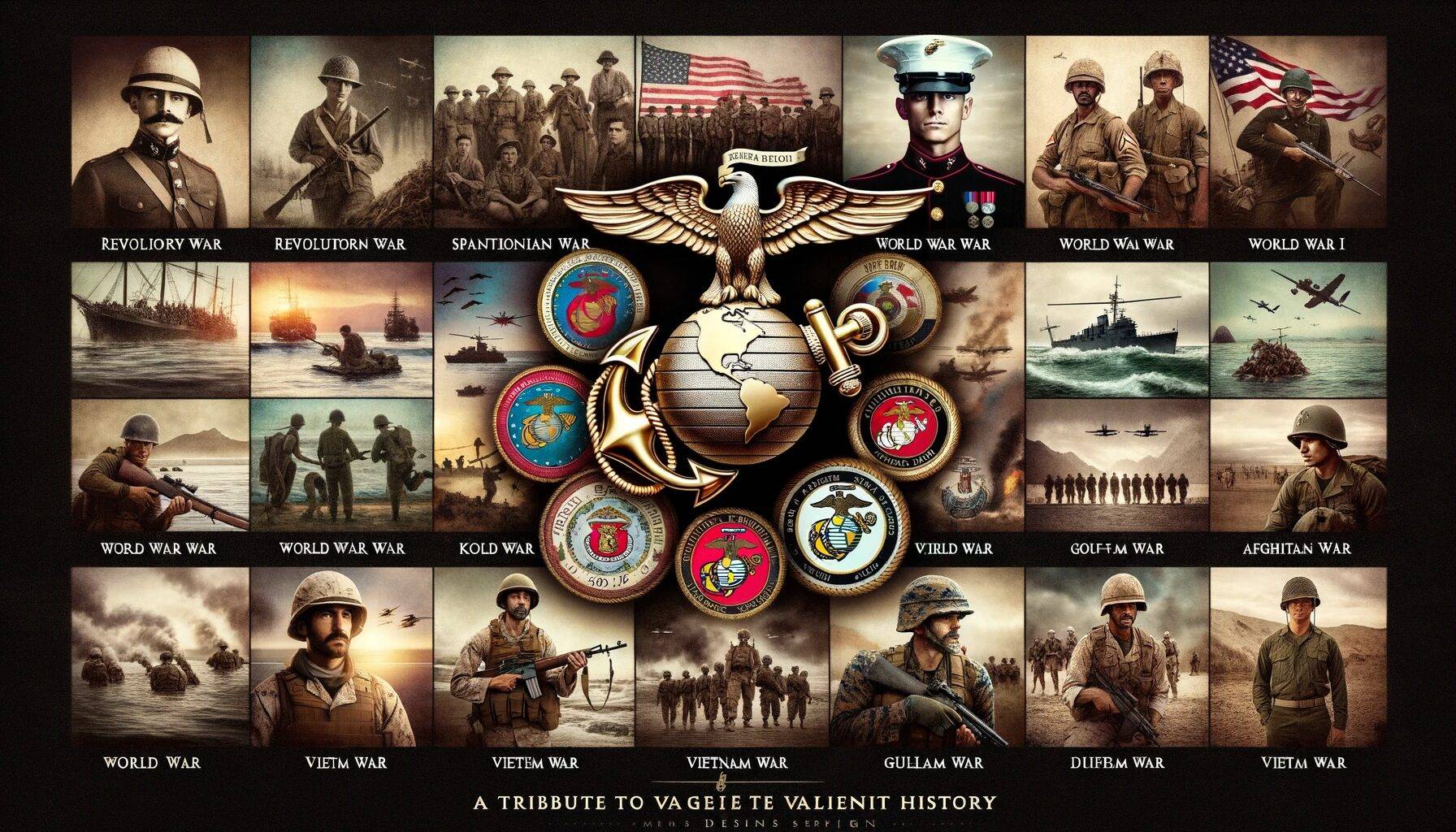 Photo montage showcasing the evolution of Marines through various wars. On the far left, Marines from the Revolutionary War, transitioning into the Sp
